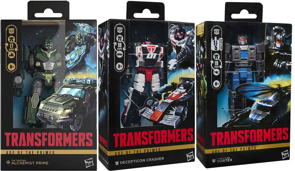 Transformers Age Of The Primes 6 Inch Action Figure Deluxe Class (2025 Wave 2) - Set of 3 (Alchemist - Crasher - Vortex)