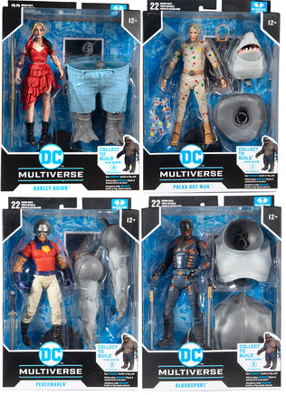 DC Multiverse Suicide Squad 7 Inch Action Figure BAF King Shark - Set of 4 (Harley - Peacemaker - Polka - Bloodsport)
